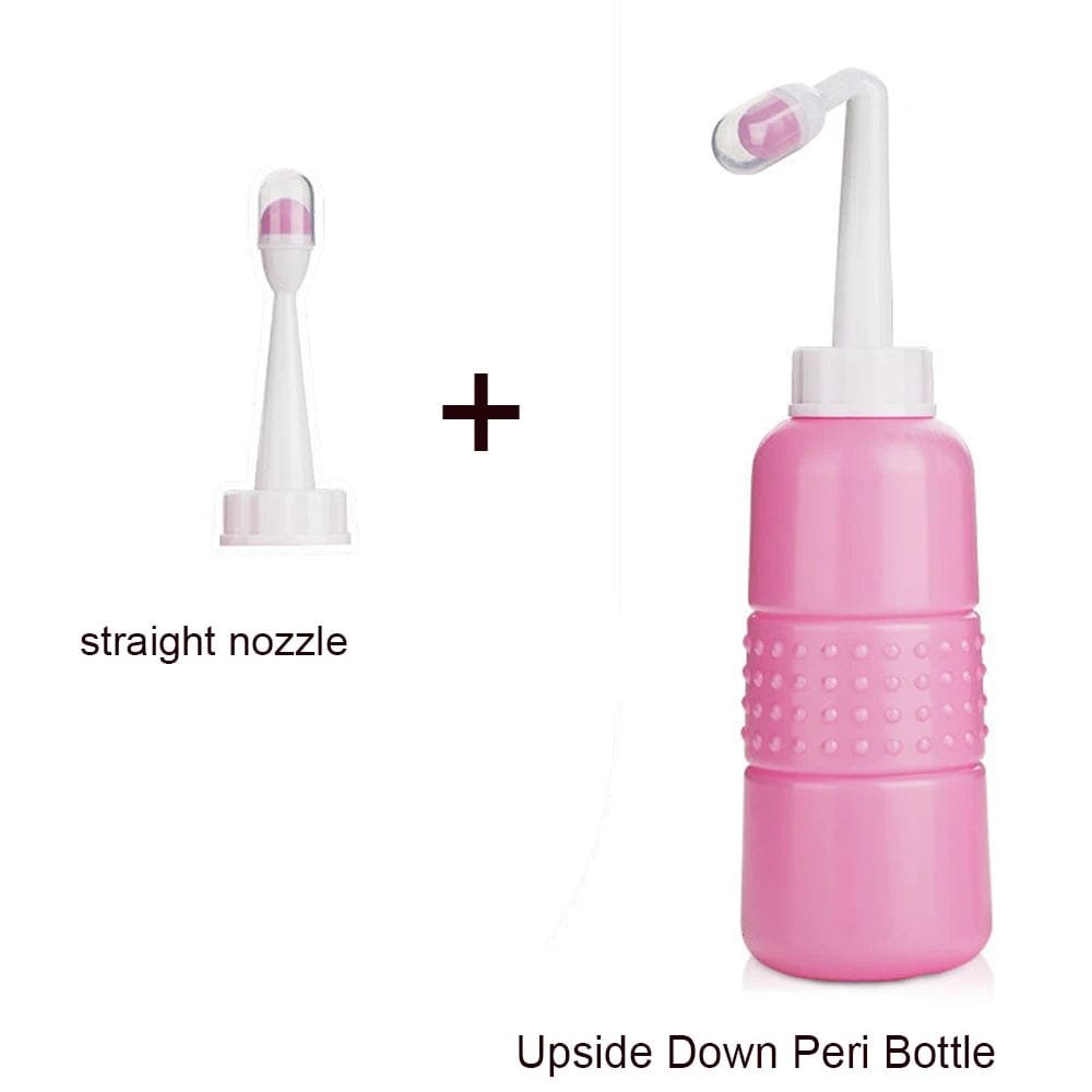 Pink perineal cleaning bottle with straight nozzle on a white background