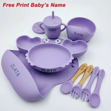 Purple crab dining set personalised with a name, a keepsake plate for toddler mealtimes and gifting.