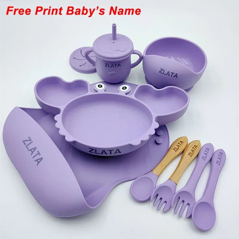 Purple crab dining set personalised with a name, a keepsake plate for toddler mealtimes and gifting.