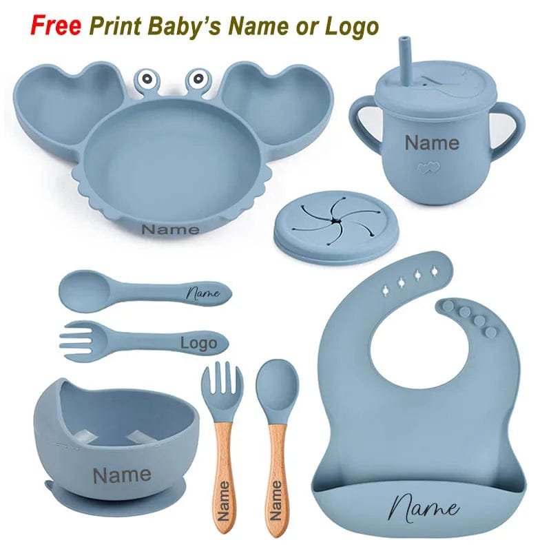Personalized baby crab plate set with suction bowl for toddler feeding, keeping mealtimes tidy at the highchair.