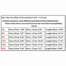 Size chart for baby clothing in centimeters and inches