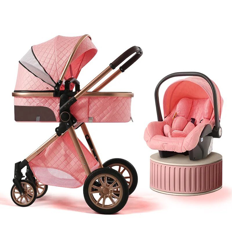 Pink 3-in-1 baby stroller with comfort seating for daily walks and car travel.