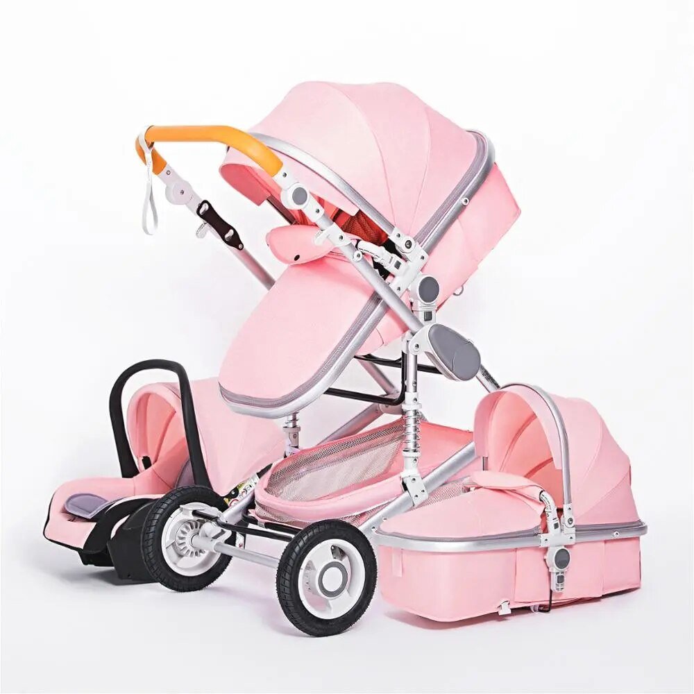 Pink 3-in-1 baby stroller with canopy and bassinet for newborn comfort and style.