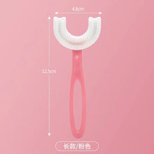 Pink 360-Degree U-Shaped Silicone Teeth Cleaner for toddlers learning to brush on their own.