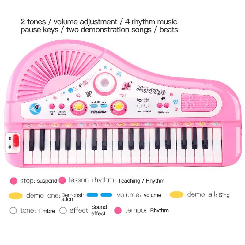 Pink 37-Key Kids Electronic Keyboard Piano with rhythm and tone buttons for exploring sounds and songs.