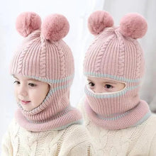 Pink Warm Acrylic Baby Hat and Scarf Set with pom poms for toddler ear protection during cold-weather walks.