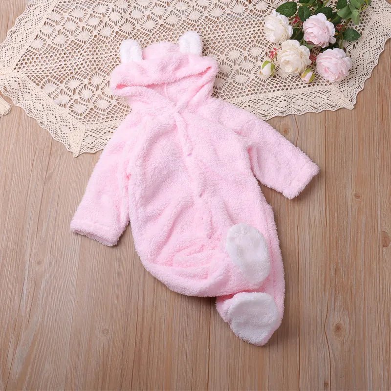 Pink animal ear toddler romper with long sleeves for warm everyday wear in cooler weather.