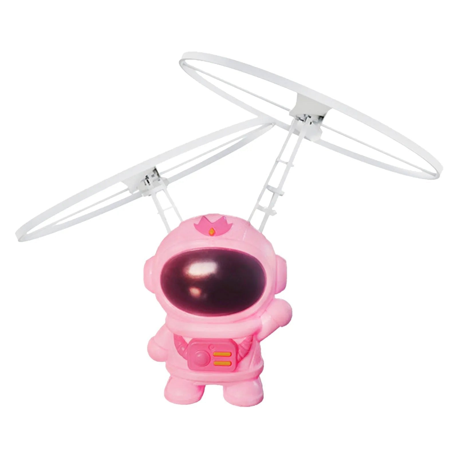 Pink astronaut-design helicopter drone controlled by hand gestures for interactive outdoor play.