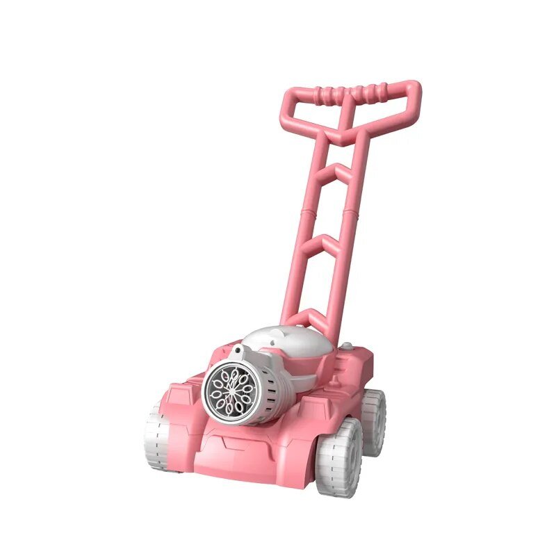Pink automatic bubble lawn mower toy for toddlers to push along during walks and garden play.