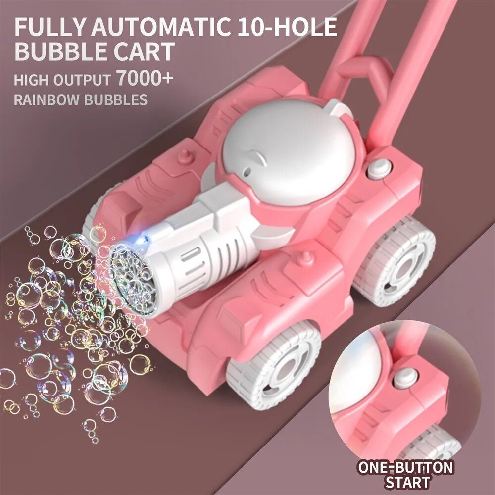 Pink automatic lawn mower bubble machine for toddler garden play and birthday gifting.