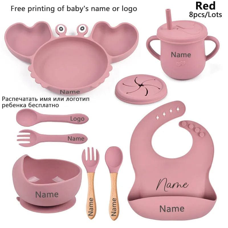Pink baby crab feeding set with cup, bowl, and utensils, a weaning bundle for daily meals and snacks.