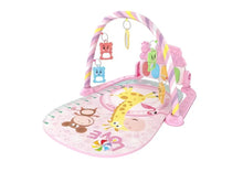 Pink baby crawling pad with cartoon animal hanging toys for interactive tummy time sessions.