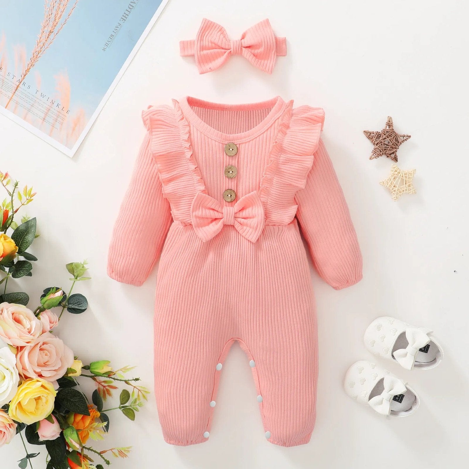Pink ruffle baby girl romper with headband and sandals for 0-3 month daily dressing and outings.