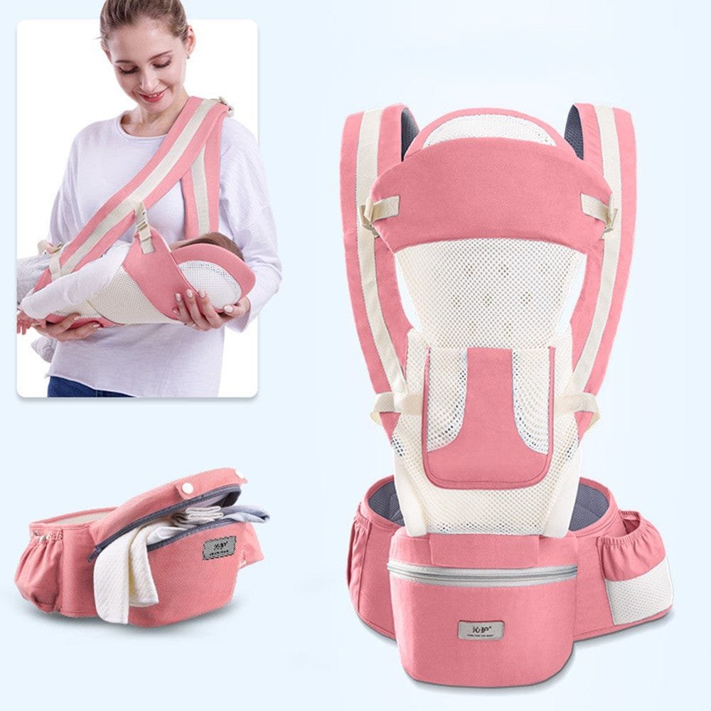 Pink hipseat baby carrier shown worn and unworn for versatile infant carrying and daily use.