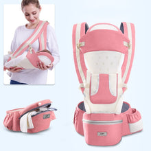 Pink hipseat baby carrier shown worn and unworn for versatile infant carrying and daily use.
