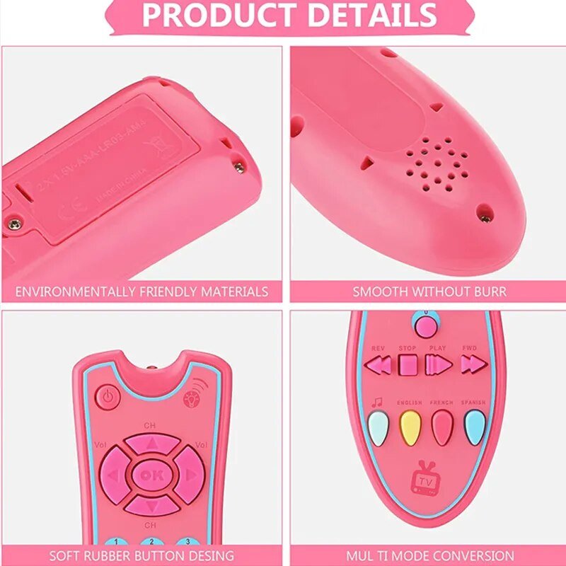 Pink baby remote control toy with features highlighted for interactive learning and pretend play.