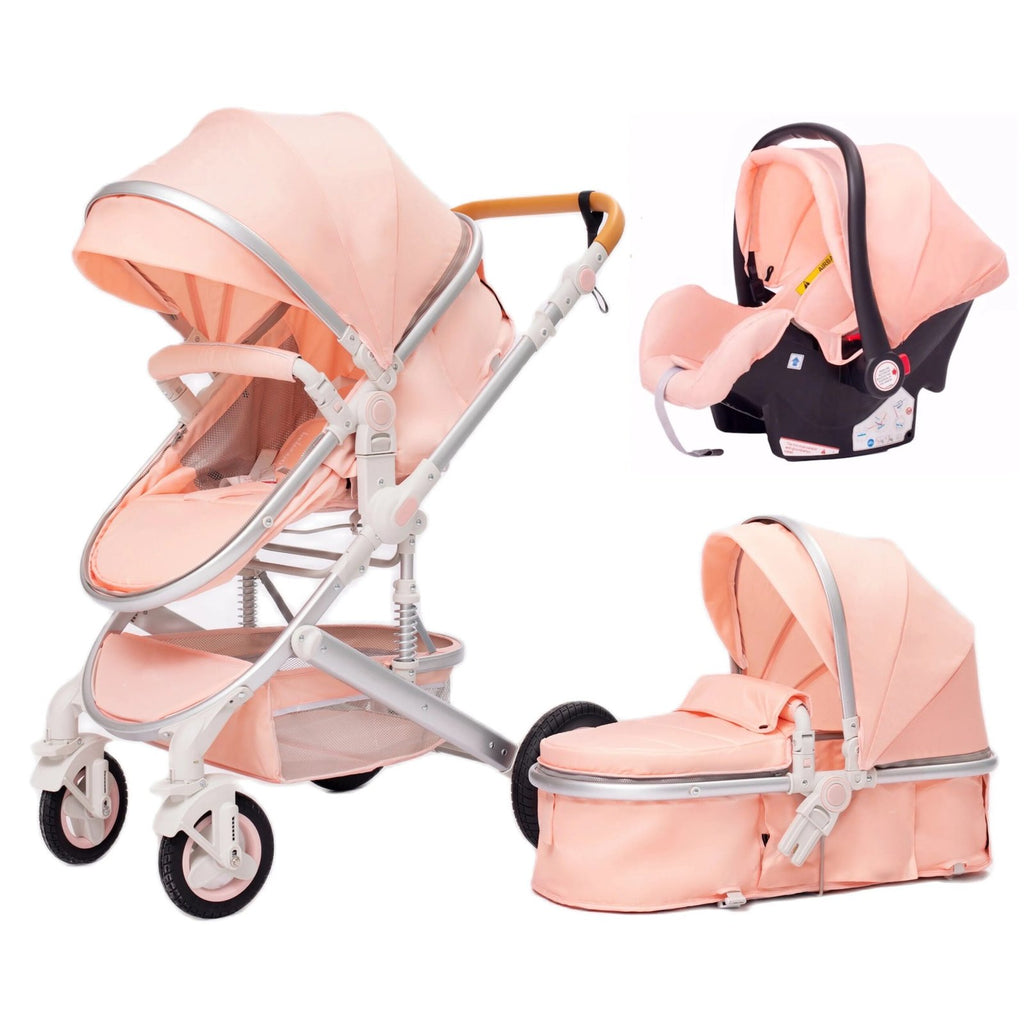 Pink 3-in-1 baby stroller travel pram designed for modern parents on the go.