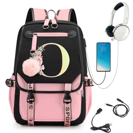 Pink and black backpack with floral design, smartphone, headphones, and USB cable.