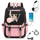 Pink and black backpack with floral 'W' design, smartphone, headphones, and USB cable.
