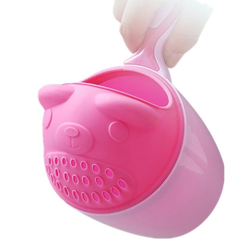 Pink bear baby shower bathing cup with soft handle for comfortable everyday bath routines.