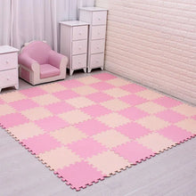 Pink and beige EVA foam puzzle mat 18-piece set for a soft toddler play floor.