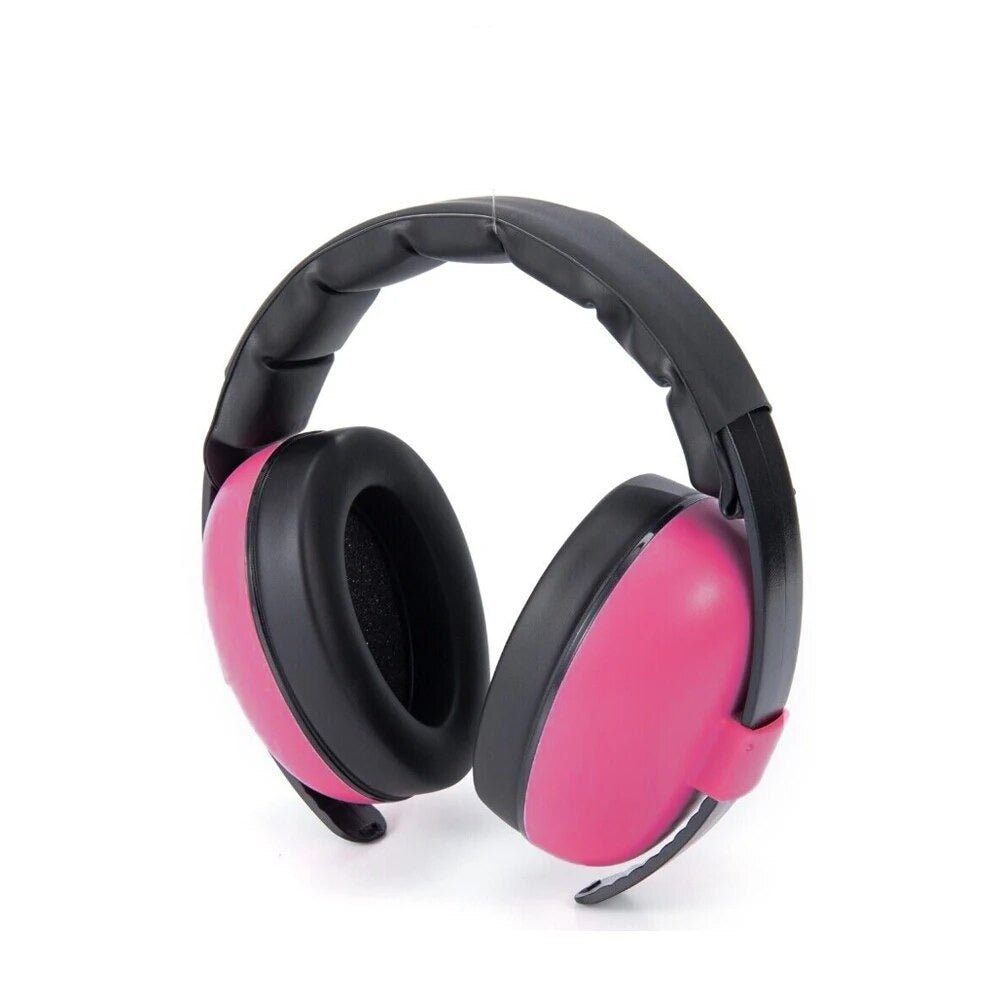 Pink and black baby earmuffs for sleeping and outdoor noise protection.