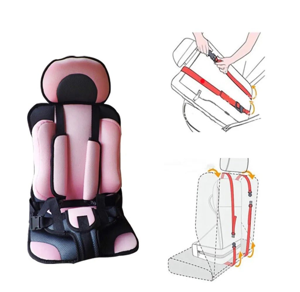 Assembly guide for the pink and black shopping cart cushion, showing how to secure it to a trolley seat for babies.