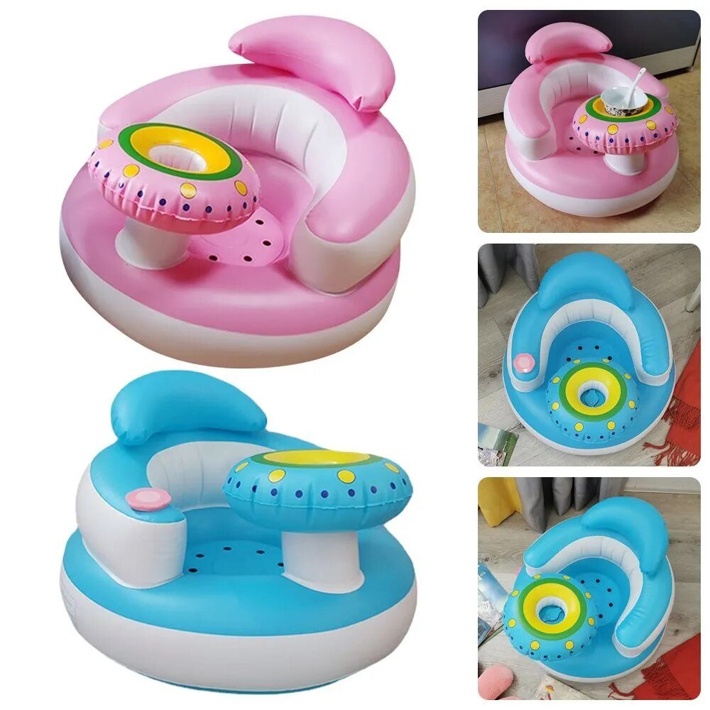 Pink and Blue Inflatable Baby Seat with cup holder collage for feeding, snack time, and resting.