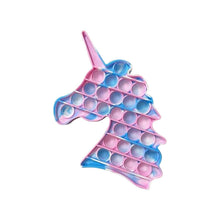 Pink and blue unicorn shaped push pop bubble sensory toy for calming fidget play.