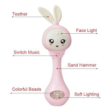 Pink Musical Teether Rattle bunny ears with labeled features for soothing and sensory play.