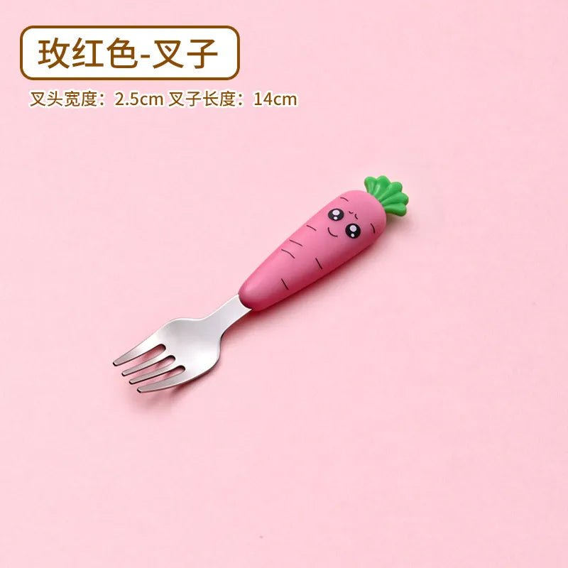 Pink carrot-shaped baby fork utensil for confident toddler self-feeding.