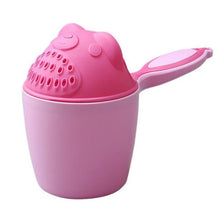 Pink cartoon bear baby bath cup with handle for easy rinsing during newborn shower routines.