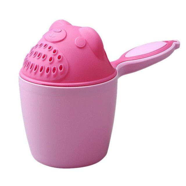 Pink cartoon bear baby bath cup with handle for easy rinsing during newborn shower routines.