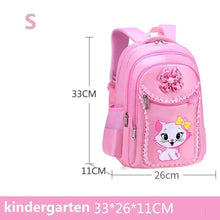 Pink cat backpack shown with measurements, a school essentials set for girls starting primary lessons.