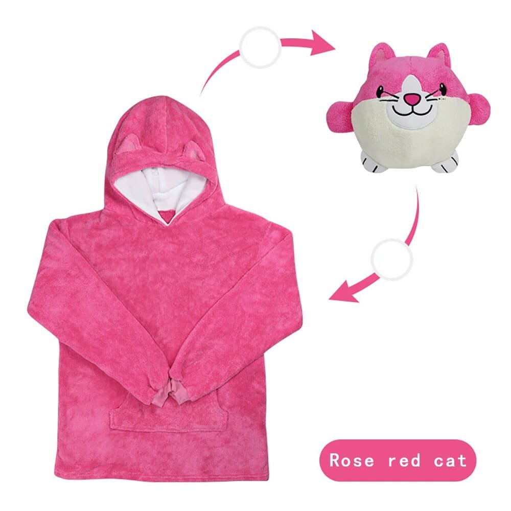 Pink cat hoodie blanket for kids in soft fleece, a cosy sweatshirt that makes an easy holiday gift for young children.