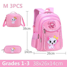 Three piece pink cat school bag set with grade range guide, suiting younger primary school girls.
