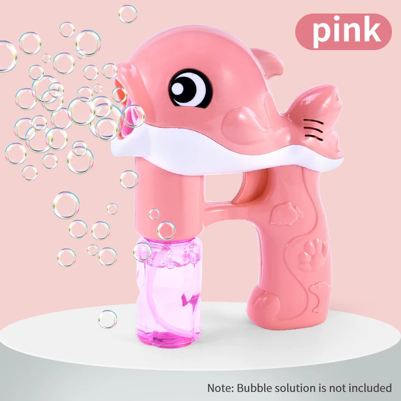 Pink Dolphin Bubble Gun blowing bubbles for outdoor play and birthday party favors.