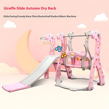 Pink giraffe-themed slide and swing playset structure for indoor and outdoor play.