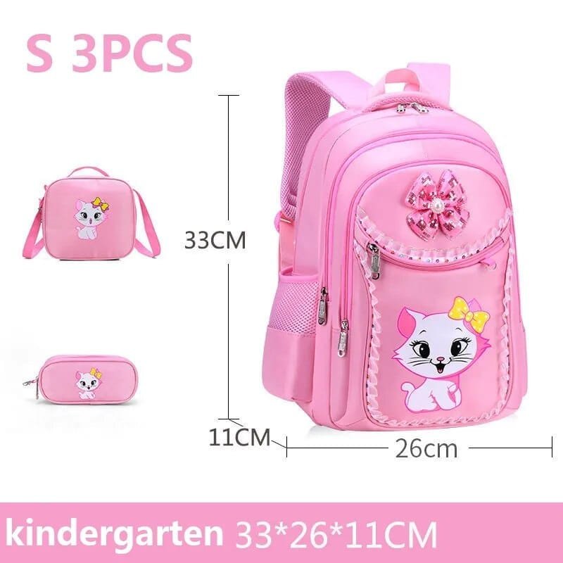 Three piece pink bookbag, lunch bag, and pencil case set with dimensions for organised school days.