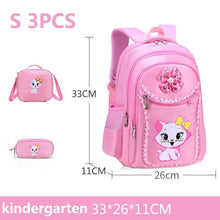 Cute cat print pink backpack, lunch bag, and pencil case trio for girls at school and on day trips.