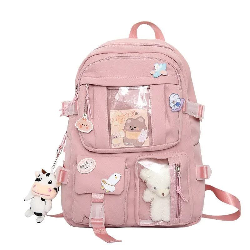 Front view of the pink girls school backpack, a roomy teen book bag for lessons, clubs, and library visits.