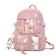 Front view of the pink girls school backpack, a roomy teen book bag for lessons, clubs, and library visits.
