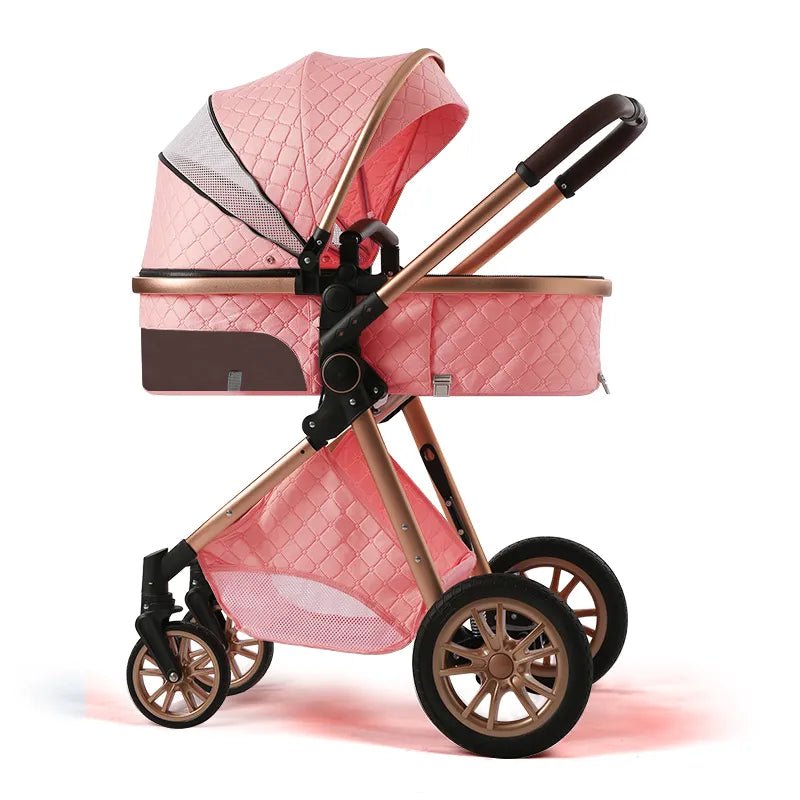 Pink and gold 3-in-1 baby stroller system for newborn to toddler stages.