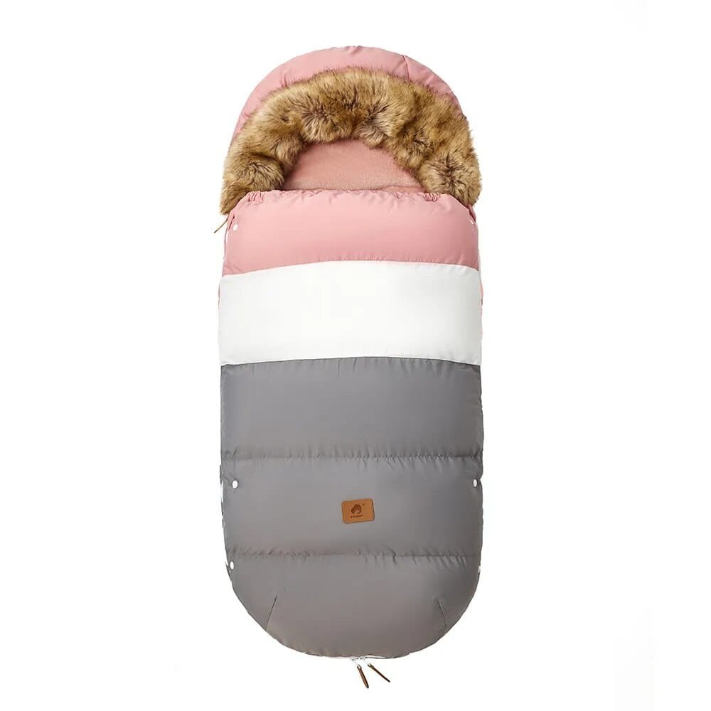 Pink and grey stroller footmuff with zip opening, making it easy to lift baby in and out during winter outings.