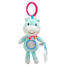 Soft Animal Handbell Rattle with pink easy-grip handle for small hands during play and teething relief.