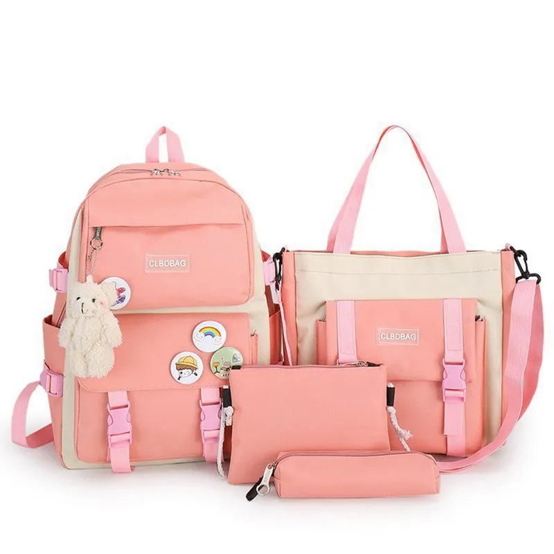 Pink Harajuku Kawaii backpack and pencil case set for teen girls keeping stationery and school books organised.