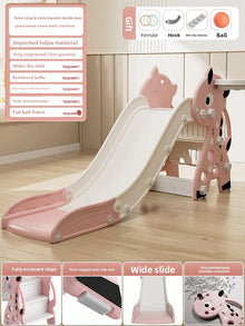 Indoor playground foldable slide for kids in pink horse design for imaginative play.
