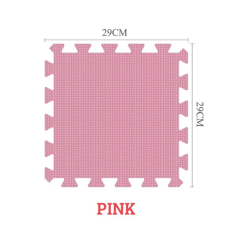 Pink interlocking EVA foam mat tile with dimensions shown for planning a nursery play area.