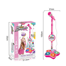 Pink Kids Karaoke Microphone toy with stand and retail packaging for gifting and everyday play.