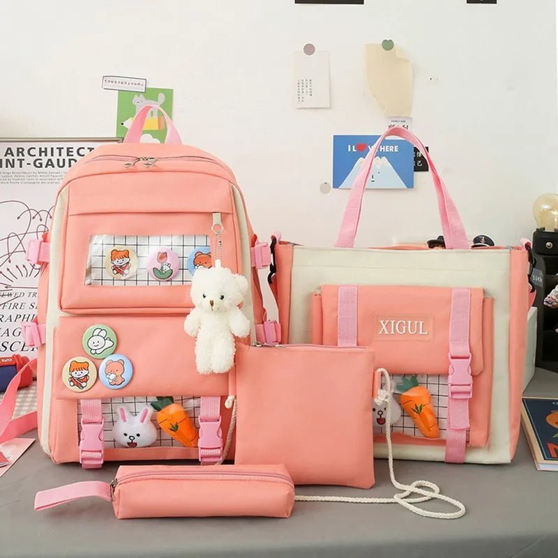 Pink Harajuku Kawaii school bag set styled on a table for planning a coordinated back-to-school outfit.